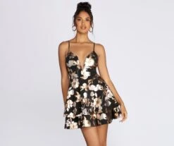 Windsor. Mesmerizing Metallic Floral Skater Dress | Shop Top Deals