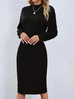 Women's Two Piece Dress Set Casual Dress Skirt Set Outdoor Daily Active Fashion Ribbed Midi Dress Turtleneck Long Sleeve Plain Loose Fit Black Wine Gray Fall Winter S M L XL XXL -HANA Luxury Wear Shop abkeii1693294058949