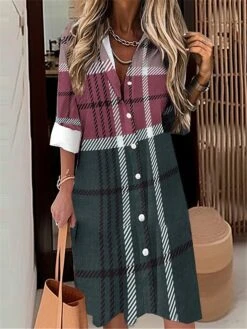 Women's Shirt Dress Casual Dress Midi Dress Outdoor Office Daily Polyester Fashion Modern Shirt Collar Button Pocket Long Sleeve Fall Winter 2023 Loose Fit Pink Brown Gray Plaid S M L XL 2XL -HANA Luxury Wear Shop achdwj1695027657440