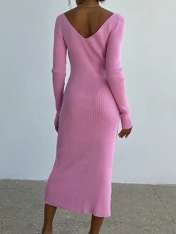 Women's Sweater Dress Jumper Dress Casual Dress Midi Dress Fashion Pure Color Outdoor Vacation Going Out V Neck Long Sleeve 2023 Regular Fit Black Pink Blue S M L -HANA Luxury Wear Shop acrpzs1697538591253