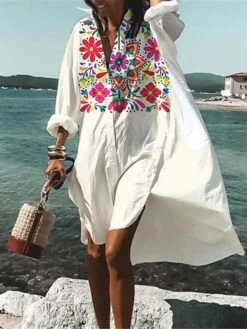 Women's Shirt Dress Casual Dress Swing Dress Mini Dress Outdoor Daily Vacation Polyester Fashion Casual Shirt Collar Button Print Long Sleeve Summer Spring Fall 2023 Loose Fit Black Red Blue Floral -HANA Luxury Wear Shop actwid1682662744736