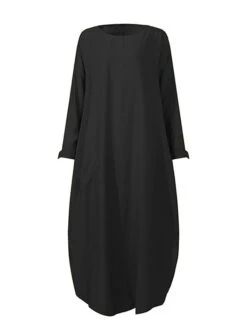 Women's Casual Dress Cotton Linen Dress Abaya Maxi Long Dress Linen / Cotton Blend Classic Casual Outdoor Daily Vacation Crew Neck Pocket Split Long Sleeve Spring Fall Winter 2023 Loose Fit ArmyGreen -HANA Luxury Wear Shop acyhwm1692340973652