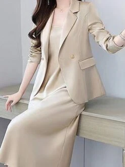 Women's Two Piece Dress Set Work Dress Skirt Set Formal Office Streetwear Elegant Button Pocket Midi Dress Shirt Collar Long Sleeve Plain Regular Fit Black Purple Beige Fall Winter M L XL XXL 3XL -HANA Luxury Wear Shop adczow1694498845001