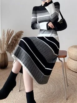 Women's Sweater Dress Winter Dress Jumper Dress Midi Dress Warm Color Block Stripe Outdoor Daily Going Out Crew Neck Long Sleeve 2023 Loose Fit Black Blue S M L XL -HANA Luxury Wear Shop admhgq1696926582621