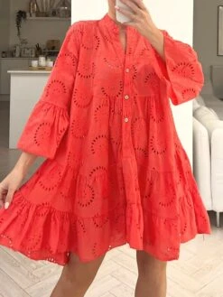 Women's Shirt Dress Casual Dress Mini Dress Outdoor Daily Date Cotton Basic Classic V Neck Button Long Sleeve Spring Fall Winter 2023 Loose Fit Yellow Pink Red Pure Color S M L XL 2XL -HANA Luxury Wear Shop adxpxu1694576759175
