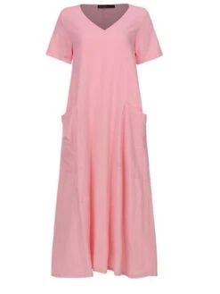 Women's Linen Dress Shift Dress Midi Dress Black Pink Apricot Short Sleeve Pure Color Pocket Summer Spring Fall Crew Neck Basic Loose Fit 2023 M L XL 2XL 3XL 4XL 5XL -HANA Luxury Wear Shop aeiwrj1622180620183