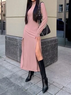 Women's Sweater Dress Jumper Dress Casual Dress Midi Dress Fashion Pure Color Outdoor Daily Vacation Going Out Turtleneck Long Sleeve 2023 Regular Fit Pink Green S M L -HANA Luxury Wear Shop aenalc1695643224931