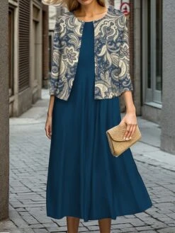 Women's Two Piece Dress Set Casual Dress Swing Dress Outdoor Office Fashion Streetwear Print Midi Dress Crew Neck 3/4 Length Sleeve Leaf Regular Fit Navy Blue Brown Khaki Fall Winter S M L XL XXL -HANA Luxury Wear Shop afmhoi1697524428126