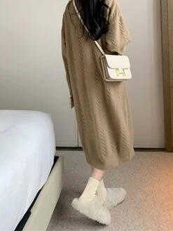 Women's Sweater Dress Jumper Dress Casual Dress Midi Dress Fashion Pure Color Outdoor Daily Vacation Going Out Lapel Long Sleeve Patchwork Button 2023 Regular Fit White Camel One Size -HANA Luxury Wear Shop afyskf1695280924098