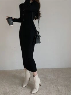 Women‘s Sweater Dress Winter Dress Sheath Dress Midi Dress Black White Green Long Sleeve Pure Color Button Fall Winter Autumn V Neck Stylish Winter Dress Fall Dress 2023 One-Size -HANA Luxury Wear Shop agdfsh1665656618310