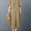 Women's Shirt Dress Casual Dress Cotton Dress Midi Dress Cotton Basic Classic Outdoor Daily Vacation Shirt Collar Button Pocket Half Sleeve Spring Fall Winter 2023 Loose Fit ArmyGreen Orange Plain S -HANA Luxury Wear Shop aglqas1692695048558