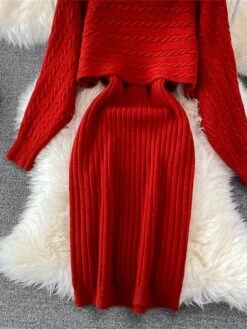 Women's Two Piece Dress Set Casual Dress Sheath Dress Outdoor Daily Fashion Streetwear Ruched Midi Dress Crew Neck Long Sleeve Plain Loose Fit Black White Wine Fall Winter One-Size -HANA Luxury Wear Shop agqpyg1694057144144