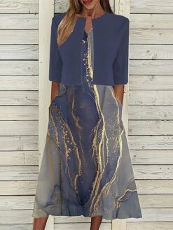 Women's Two Piece Dress Set Casual Dress Tank Dress Outdoor Daily Fashion Streetwear Pocket Print Midi Dress V Neck 3/4 Length Sleeve Floral Regular Fit Navy Blue Blue Purple Summer Spring S M L XL -HANA Luxury Wear Shop agsysf1689736427908