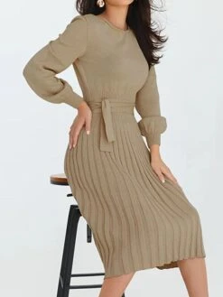 Women's Sweater Dress Jumper Dress Casual Dress Midi Dress Fashion Plain Outdoor Daily Going Out Crew Neck Long Sleeve Ruched 2023 Regular Fit Black Green Khaki S M L XL XXL -HANA Luxury Wear Shop agwkbp1694427783723
