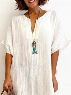 Women's Casual Dress Cotton Linen Dress Shift Dress Maxi Long Dress Cotton Blend Daily Classic Outdoor Daily Vacation Split Neck Split Basic Half Sleeve Summer Spring Fall 2023 Loose Fit White Plain -HANA Luxury Wear Shop ahexxk1686030357802