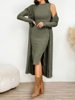 Women's Two Piece Dress Set Casual Dress Sheath Dress Home Daily Fashion Streetwear Split Midi Dress Stand Collar Long Sleeve Plain Slim Black Army Green Gray Fall Winter S M L XL XXL -HANA Luxury Wear Shop ahkwru1695813703762