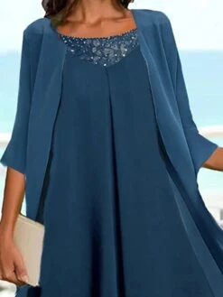 Women's Two Piece Dress Set Casual Dress Chiffon Dress Outdoor Daily Fashion Elegant Layered Midi Dress Crew Neck 3/4 Length Sleeve Plain Regular Fit Navy Blue Fall Winter S M L XL XXL -HANA Luxury Wear Shop aidmwj1695278611481