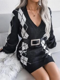 Women's Sweater Dress Winter Dress Jumper Dress Mini Dress Ruched Daily Date Going Out Active Fashion V Neck Long Sleeve 2023 Loose Fit Black White Sky Blue Color S M L Size -HANA Luxury Wear Shop aisrij1692862226472