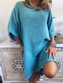 Women's Cotton Linen Dress A Line Dress Mini Dress Cotton Blend Casual Comfort Home Daily Crew Neck Rolled Cuff Half Sleeve Summer Spring Loose Fit White Pink Blue Pure Color S M L XL 2XL -HANA Luxury Wear Shop ajebhy1654067365133
