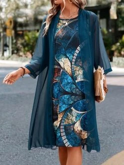 Women's Two Piece Dress Set Casual Dress Print Dress Outdoor Daily Fashion Streetwear Print Midi Dress Crew Neck Long Sleeve Floral Regular Fit Blue Summer Spring S M L XL XXL