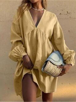 Women's Casual Dress Cotton Linen Dress Mini Dress Cotton Basic Classic Outdoor Daily Vacation V Neck Basic Long Sleeve Summer Spring Fall 2023 Loose Fit Yellow Red Blue Plain S M L XL 2XL -HANA Luxury Wear Shop ajgick1690881681577