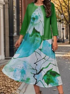 Women's Two Piece Dress Set Casual Dress Swing Dress Outdoor Office Fashion Streetwear Print Midi Dress Crew Neck 3/4 Length Sleeve Leaf Regular Fit Yellow Green Gray Fall Winter S M L XL XXL -HANA Luxury Wear Shop ajiloy1697783000822