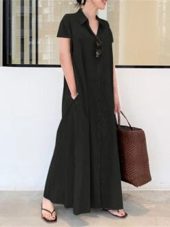 Women's Shirt Dress Casual Dress Cotton Linen Dress Maxi Long Dress Cotton Casual Daily Casual Daily Vacation Weekend Shirt Collar Button Pocket Short Sleeve Summer Spring 2023 Loose Fit Black Wine -HANA Luxury Wear Shop ajxurl1689933269477