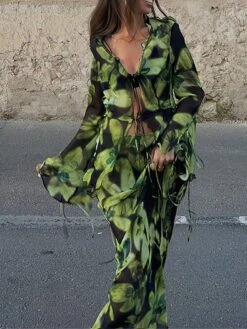 Women's Two Piece Dress Set Casual Dress Skirt Set Daily Going Out Casual Drawstring Cut Out Long Dress Maxi Dress V Neck Long Sleeve Print Slim Green Fall S M L -HANA Luxury Wear Shop aklxgw1693374468098