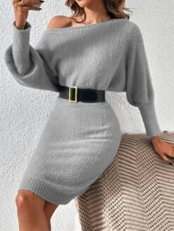 Women's Sweater Dress Winter Dress Jumper Dress Midi Dress Patchwork Street Daily Date Fashion Streetwear Crew Neck Long Sleeve 2023 Slim Black White Khaki Color S M L XL Size -HANA Luxury Wear Shop akzmpv1692095369016