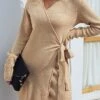 Women's Sweater Dress Jumper Dress Casual Dress Mini Dress Fashion Pure Color Outdoor Daily Vacation Going Out V Neck Long Sleeve Lace Up Patchwork 2023 Regular Fit Pink Khaki Dark Gray S M L XL -HANA Luxury Wear Shop albufz1693994024658
