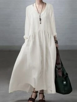 Women's Casual Dress Cotton Dress Swing Dress Maxi Long Dress Cotton Basic Classic Outdoor Daily Vacation V Neck Ruched Long Sleeve Spring Fall Winter 2023 Loose Fit ArmyGreen Black White Plain S M L -HANA Luxury Wear Shop alfeey1692341095661