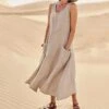 Women‘s Casual Dress Cotton Dress Shift Dress Midi Dress Blue Pink Khaki Sleeveless Pure Color Pocket Spring Summer Crew Neck Basic Daily Vacation Weekend Loose Fit 2023 S M L XL XXL -HANA Luxury Wear Shop alsqda1648535263390