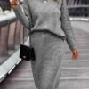 Women's Two Piece Dress Set Casual Dress Skirt Set Outdoor Daily Fashion Streetwear Ribbed Midi Dress Stand Collar Long Sleeve Plain Loose Fit Khaki Gray Fall Winter S M L XL XXL -HANA Luxury Wear Shop ammols1693534948592