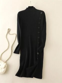 Women's Sweater Dress Jumper Dress Winter Dress Mini Dress Warm Plain Outdoor Daily Vacation Going Out Turtleneck Long Sleeve Button 2023 Slim Black Brown Khaki One Size -HANA Luxury Wear Shop amnpkj1697767798614