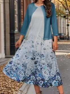 Women's Two Piece Dress Set Casual Dress Swing Dress Outdoor Office Fashion Streetwear Print Midi Dress Crew Neck 3/4 Length Sleeve Floral Regular Fit Navy Blue Royal Blue Blue Fall Winter S M L XL -HANA Luxury Wear Shop amnqkt1697786020943