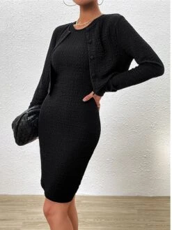 Women's Two Piece Dress Set Casual Dress Sheath Dress Daily Going Out Fashion Streetwear Button Midi Dress Crew Neck Long Sleeve Plain Regular Fit Black Purple Green Fall Winter S M L XL -HANA Luxury Wear Shop ampimk1693805485003