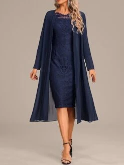 Women's Two Piece Dress Set Party Dress Lace Dress Party Outdoor Fashion Streetwear Lace Midi Dress Off Shoulder Long Sleeve Plain Regular Fit Navy Blue Fall Winter S M L XL XXL