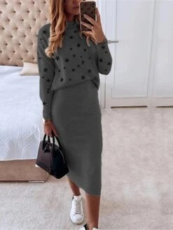 Women's Two Piece Dress Set Casual Dress Skirt Set Daily Date Streetwear Casual Print Midi Dress Turtleneck Long Sleeve Star Regular Fit White Red Navy Blue Fall Winter S M L XL -HANA Luxury Wear Shop amudxz1695364272971