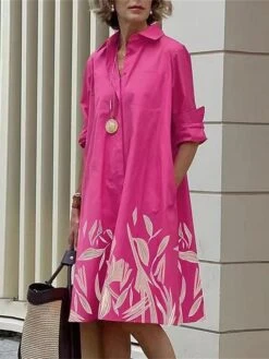 Women's Shirt Dress Casual Dress Midi Dress Outdoor Vacation Polyester Classic Casual Shirt Collar Pocket Long Sleeve Summer Spring Fall 2023 Loose Fit Yellow Dark Pink Red Polka Dot Color Block S M -HANA Luxury Wear Shop anrwcg1677046741655