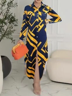 Women's Shirt Dress Casual Dress Maxi Long Dress Outdoor Daily Date Polyester Fashion Hot Shirt Collar Button Pocket Long Sleeve Summer Spring Fall 2023 Regular Fit Black White Yellow Geometric Color -HANA Luxury Wear Shop anyyhm1689054936985