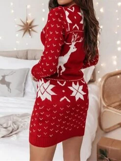 Women‘s Christmas Sweater Dress Jumper Dress Winter Dress Fashion Ugly Christmas Outdoor Christmas Daily Vacation Crew Neck Long Sleeve Button 2023 Loose Fit Wine S M L XL -HANA Luxury Wear Shop aopceq1694602179480