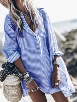 Women's Shirt Dress Casual Dress Mini Dress Outdoor Daily Vacation Polyester Fashion Modern Shirt Collar Button Pocket 3/4 Length Sleeve Spring Fall Winter 2023 Loose Fit Red Blue Striped S M L XL XXL -HANA Luxury Wear Shop aosxos1691648673651