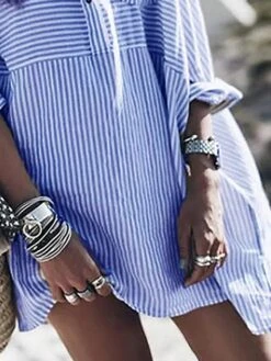 Women's Shirt Dress Casual Dress Mini Dress Outdoor Daily Vacation Polyester Fashion Modern Shirt Collar Button Pocket 3/4 Length Sleeve Spring Fall Winter 2023 Loose Fit Red Blue Striped S M L XL XXL -HANA Luxury Wear Shop aovgth1691648675351