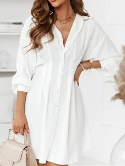 Women's Shirt Dress Casual Dress Mini Dress Outdoor Daily Vacation Polyester Fashion Modern Shirt Collar Button 3/4 Length Sleeve Fall Winter 2023 Loose Fit Black White Pure Color S M L XL 2XL -HANA Luxury Wear Shop apbjty1695813898659