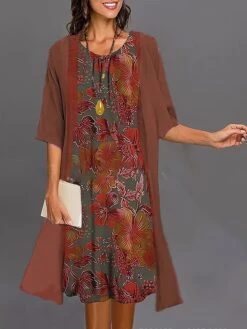 Women's Two Piece Dress Set Casual Dress Print Dress Outdoor Daily Fashion Elegant Print Midi Dress Crew Neck 3/4 Length Sleeve Floral Regular Fit Wine Navy Blue Blue Summer Spring S M L XL XXL -HANA Luxury Wear Shop aplqej1687920844073