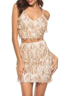 Women's Two Piece Dress Set Party Dress Skirt Set Party Cocktail Party Fashion Party Tassel Fringe Backless Mini Dress Strap Sleeveless Plain Slim Champagne Gold Spring Fall S M L XL -HANA Luxury Wear Shop aqhbnt1692935663390