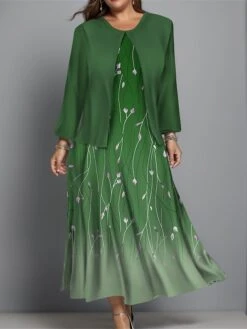 Women's Plus Size Two Piece Dress Set Casual Dress Swing Dress Outdoor Office Fashion Streetwear Print Midi Dress Crew Neck Long Sleeve Floral Ombre Regular Fit Wine Blue Green Fall Winter L XL XXL -HANA Luxury Wear Shop aqryjw1697444373444