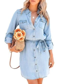 Women's Shirt Dress Casual Dress Mini Dress Outdoor Daily Denim Fashion Modern Shirt Collar Lace Up Button Long Sleeve Fall Winter 2023 Loose Fit Navy Blue Blue Pure Color S M L XL -HANA Luxury Wear Shop aqunrq1693226275062