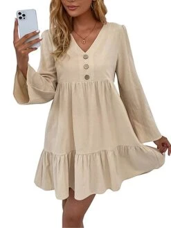 Women's Casual Dress Cotton Linen Dress Mini Dress Linen / Cotton Blend Basic Classic Outdoor Daily Vacation Split Neck Ruffle Button Long Sleeve Fall Winter Autumn 2023 Loose Fit Apricot Plain S M L -HANA Luxury Wear Shop arhhlw1695014845771