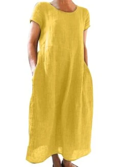 Women's Casual Dress Cotton Linen Dress Shift Dress Maxi Long Dress Cotton Blend Basic Casual Outdoor Daily Vacation Crew Neck Pocket Short Sleeve Summer Spring 2023 Loose Fit Black White Yellow Plain -HANA Luxury Wear Shop arwlzj1673606396751